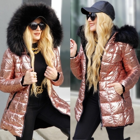 MODA ME COUTURE Jackets & Blazers - Pink Metallic Fur Trimmed Coat Long Jacket Winter